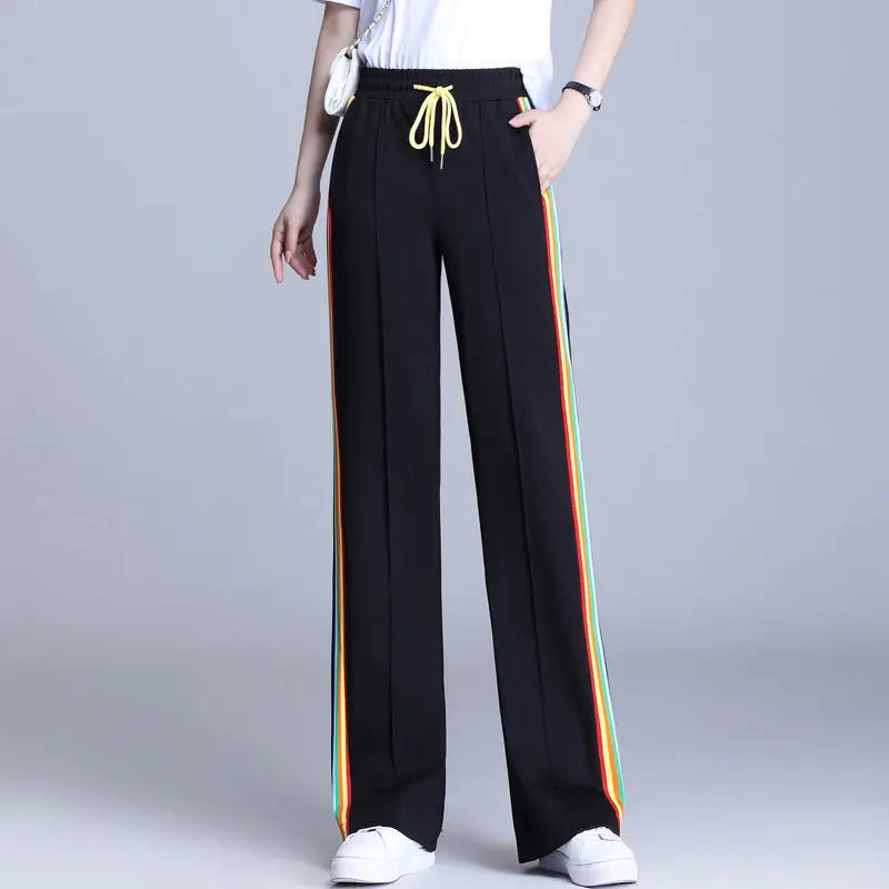 Women’s High Waist Striped Rainbow Sweatpants - Elastic Lace-Up Loose Straight Leg