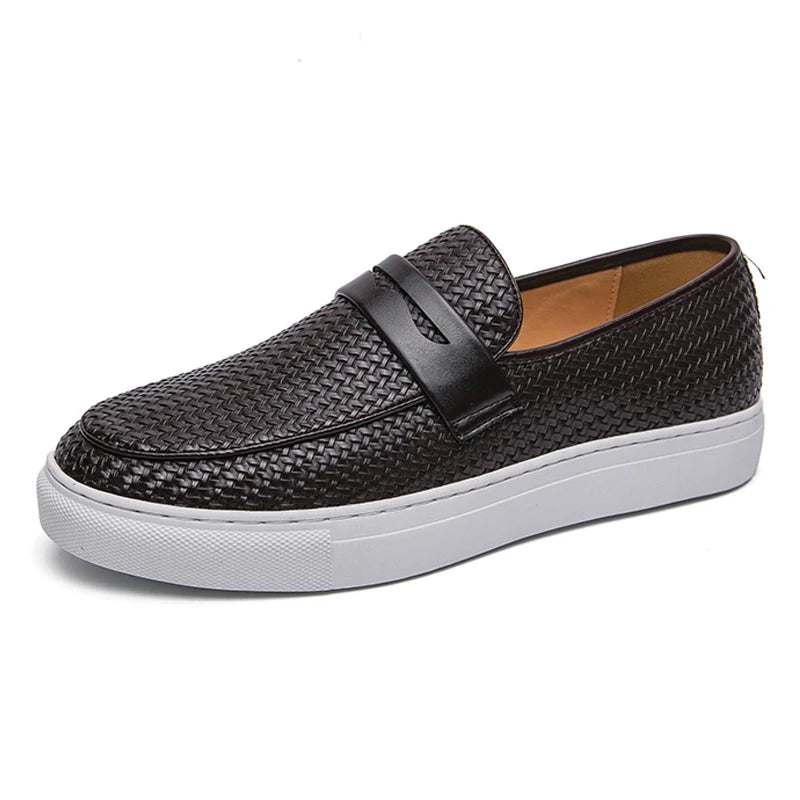 Men's Slip-On Loafers - Soft Leather Shoes with Elegant Weave Pattern