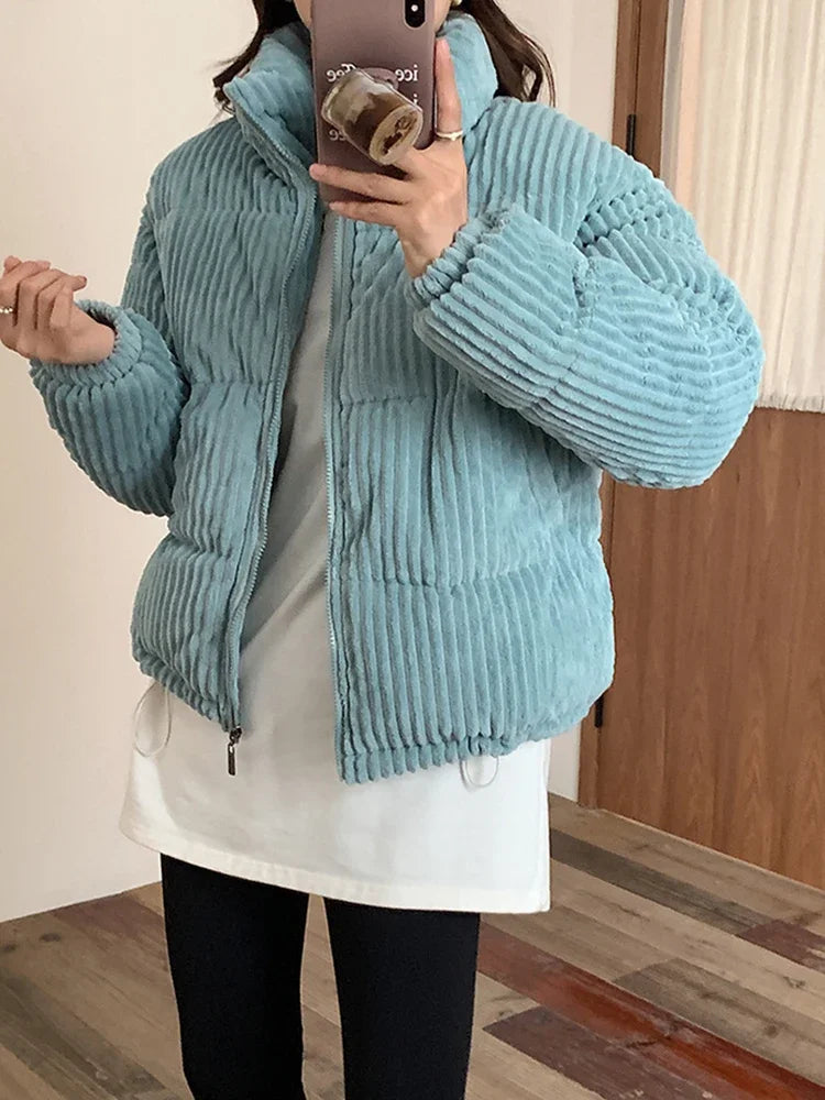 Women's Thick Corduroy Puffy Short Parka with Zipper Closure
