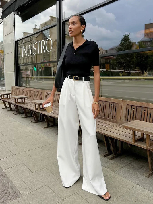 Women's High-Waisted Pocket Pants -  Wide-Leg Fit