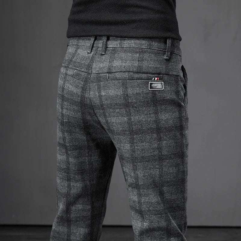 Men's Slim Fit Elastic Waist Brushed Plaid Pants