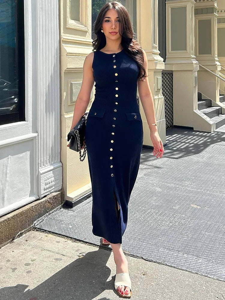 Women's Knit Ribbed Maxi Dress with High Waist, Slim Fit, and Pockets