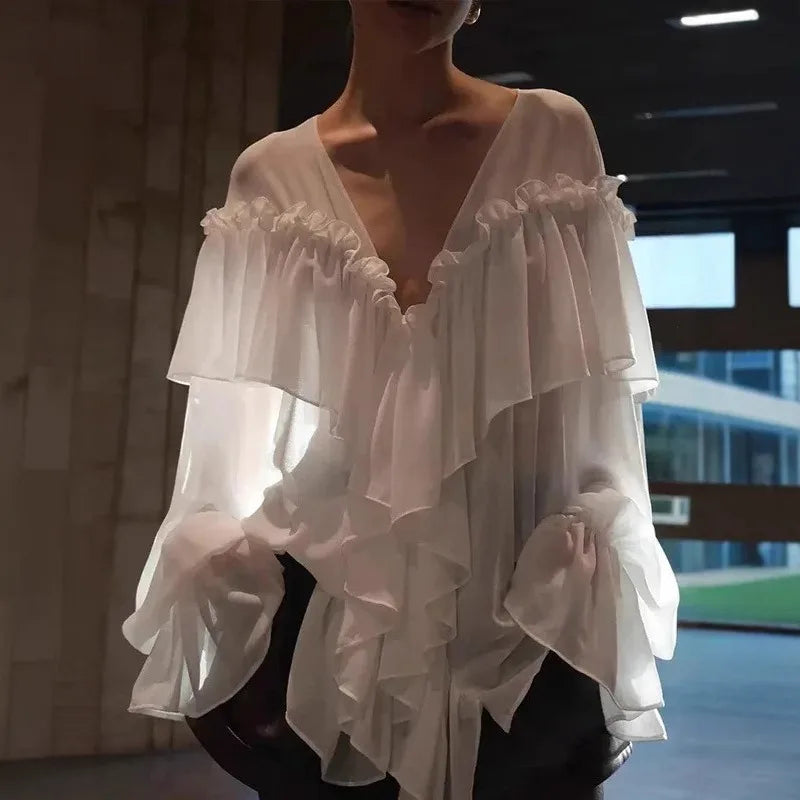 Elegant Women's Chiffon Blouse with V-Neck, See-Through Design, Ruffle Details