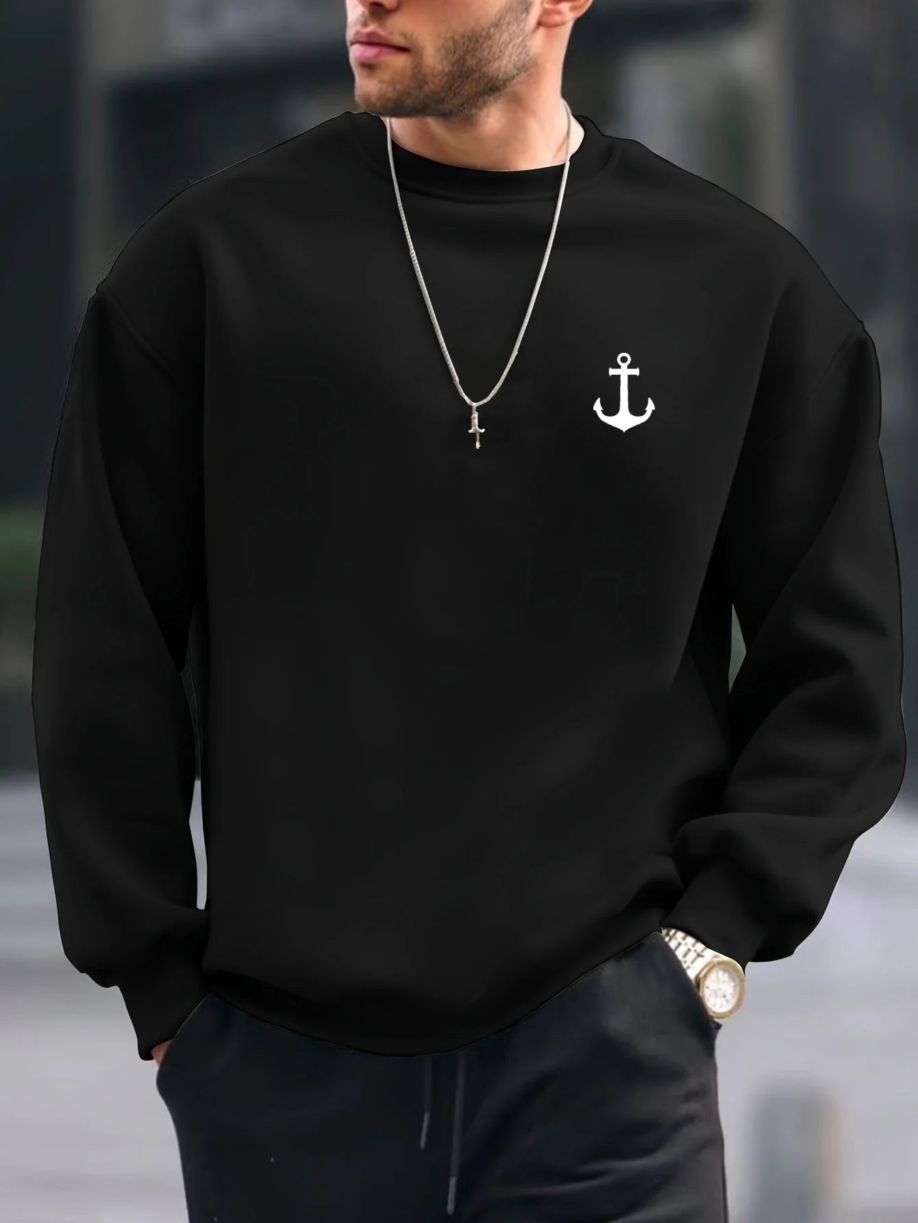 Men's Casual Loose Fit Anchor Pattern Print Sweater