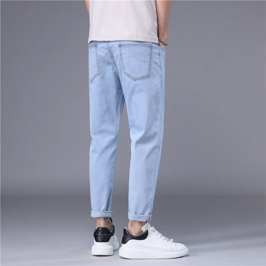 Stylish Slim Fit Men's Korean Style Thin Jeans - Straight Foot Denim Cropped Pants for Men