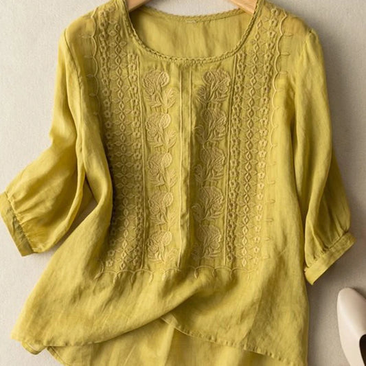 Vintage Lace Crochet Blouse with 3/4 Sleeves and Embroidery