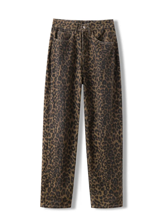 Tan Leopard Print Wide-Leg Jeans for Women - Oversized Style Pants