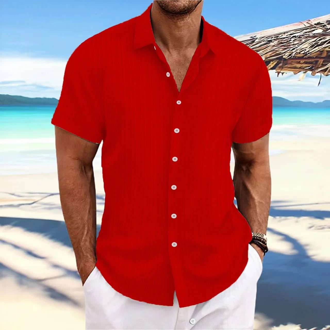 Men's Short-Sleeved Button-Up Shirt with Jacquard Wave Stripe Design