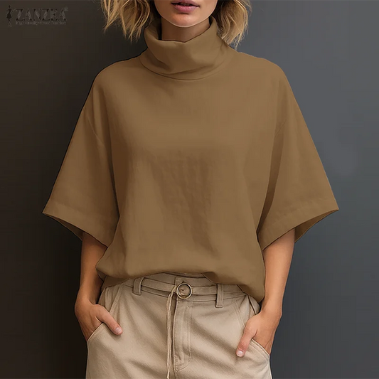 Zanzea Women's Elegant Turtleneck Half Sleeve Blouse