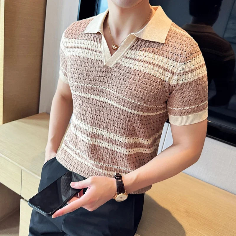 Men's Thin Striped Knitted V-Neck T-Shirt – Stylish Breathable Men's Knit Top