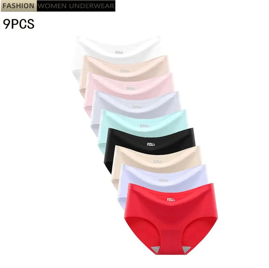 9-Pack Seamless Ice Silk Women's Monochrome Mid-Waist Briefs for Ultimate Comfor