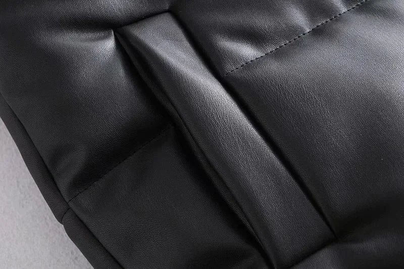 Women's PU Leather Stand Collar Vest Jacket with Zipper