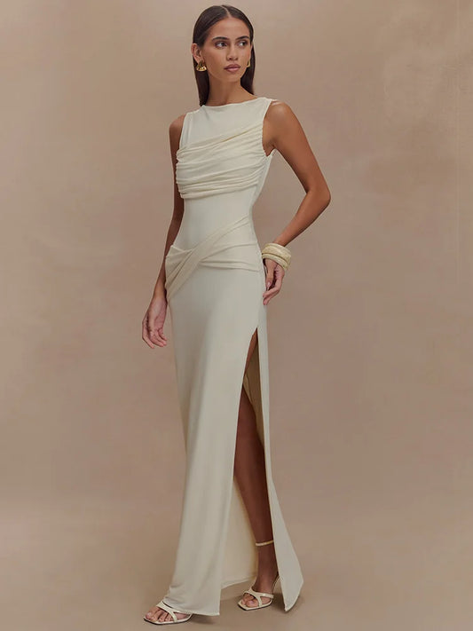 Women's Backless Ruched Maxi Dress with Thigh-High Split