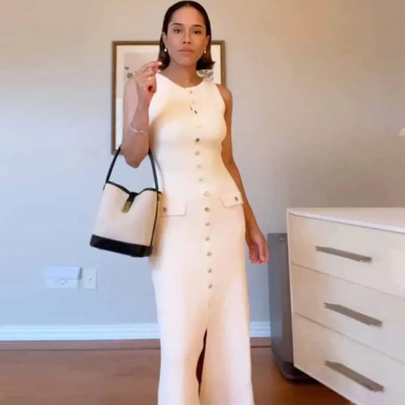 Stylish Women's Long Sleeveless Knitted Dress with Buttons