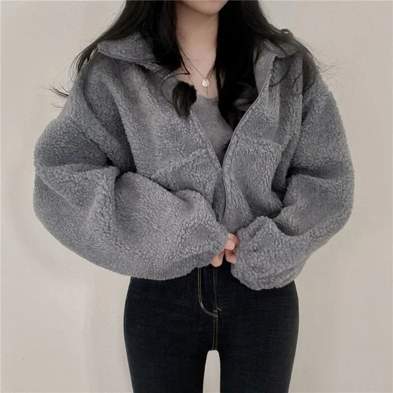 Women's Plush Faux Wool Jacket - Thick Warm Zip-up with Stand Collar