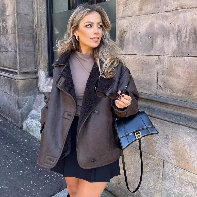 Women's Faux Fur Leather Jacket - Wool Blend Long Sleeve Warm Coat