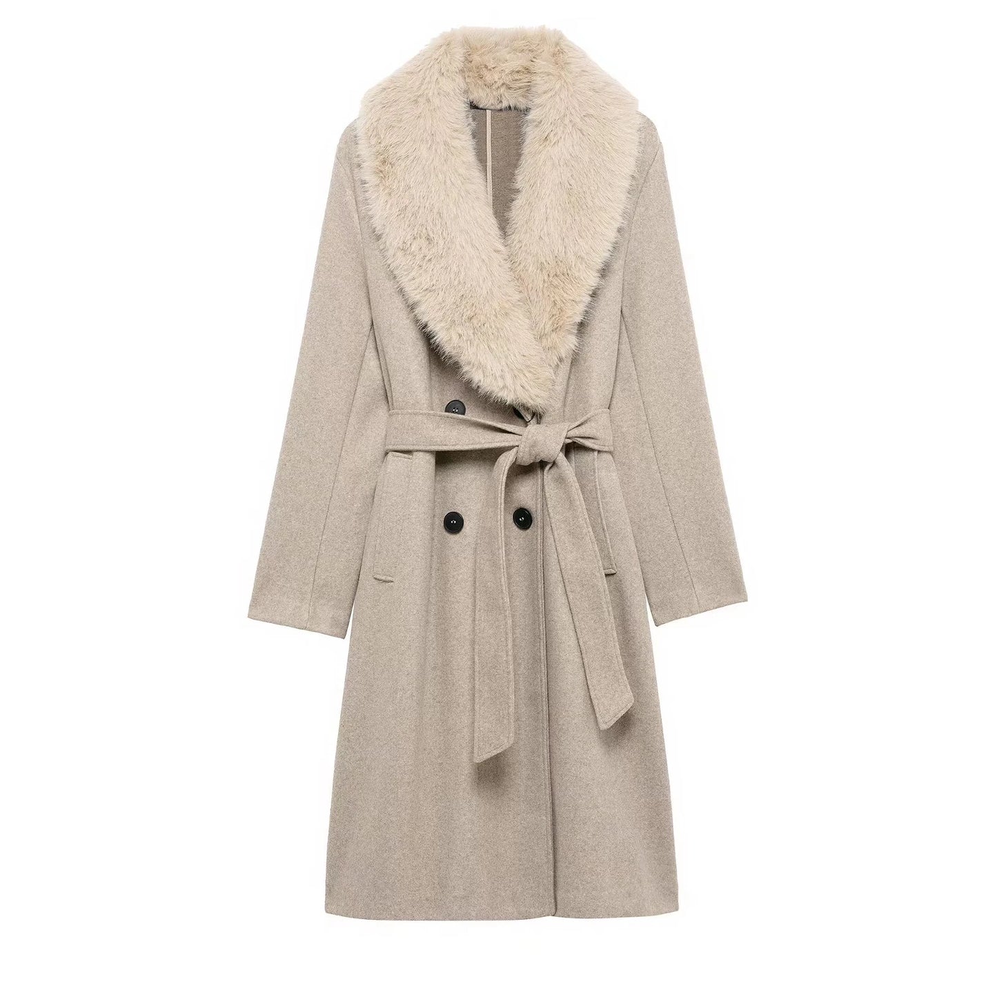 Beige coat with fur collar on a white background