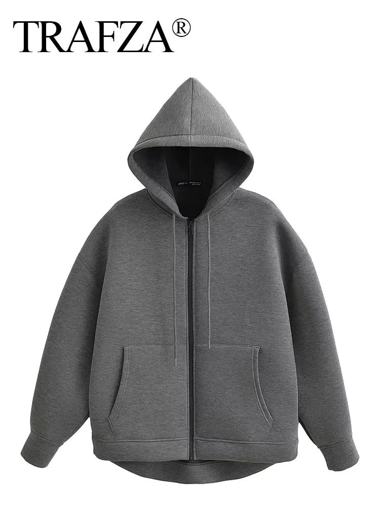 TRAFA Women's Zipper Hoodie Jacket – Loose Fit Casual Zip-Up Sweatshirt for Women