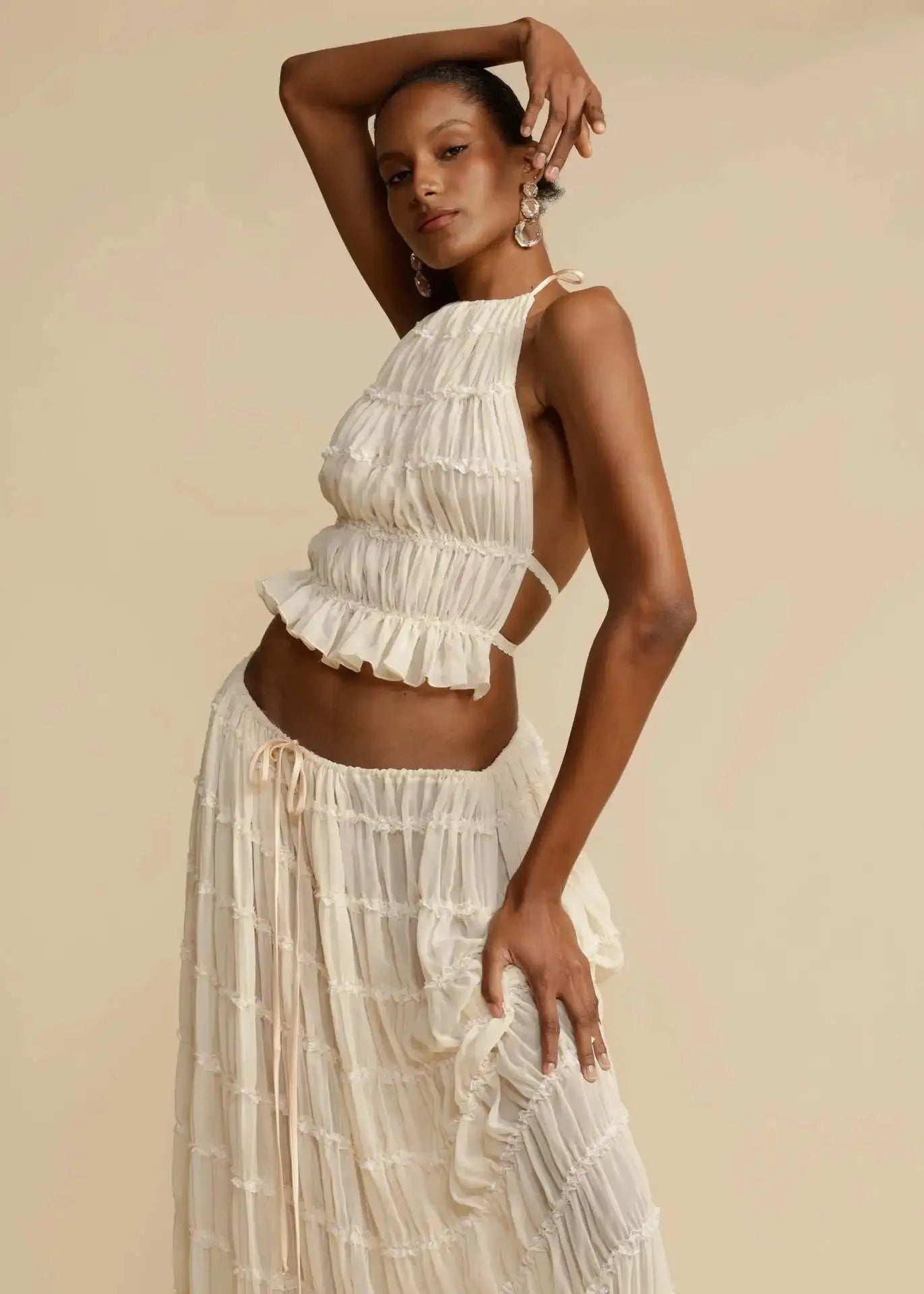 womens Halter Neck Long Backless Sling Top Lace Up Fold Maxi dress
