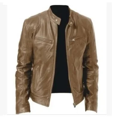 Men's Slim Fit Faux Leather Motorcycle Jacket - Short Lapel PU Coat with Zipper