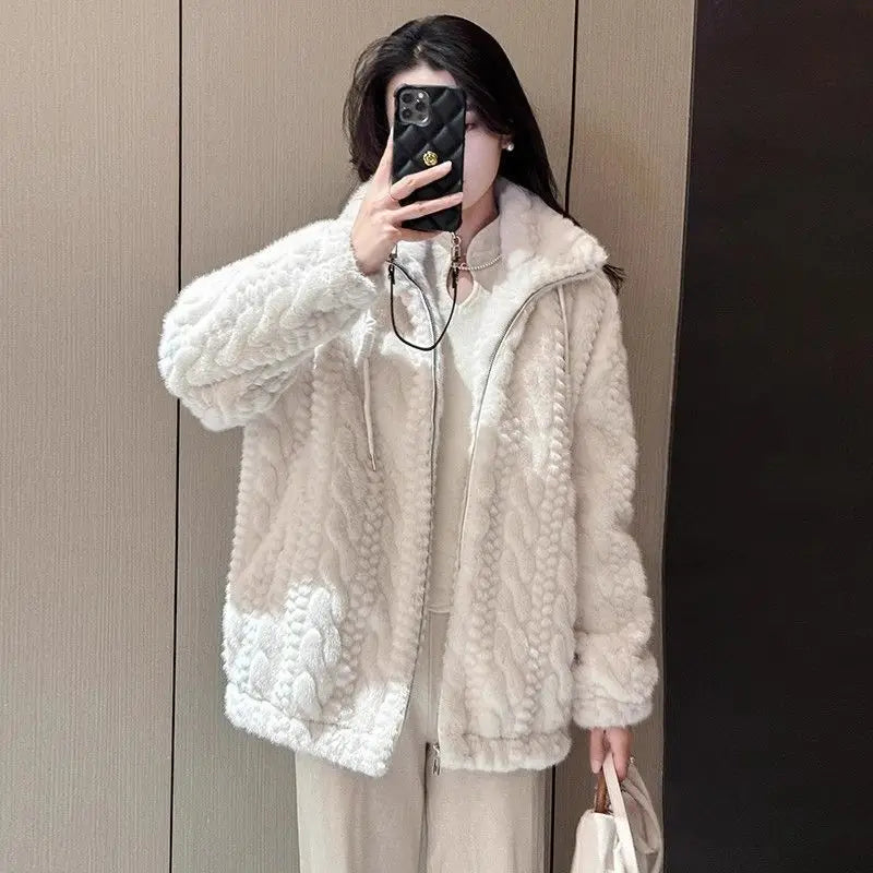 Women's Korean Style Loose Fit Stand Collar Faux Fur Coat