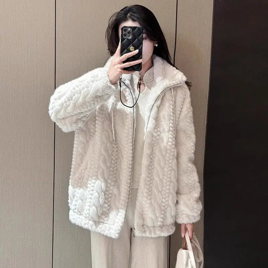 Women's Korean Style Loose Fit Stand Collar Faux Fur Coat