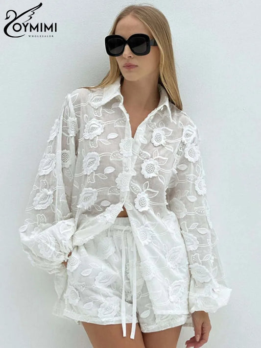 Women's White Cotton 2-Piece Set: Button Sleeve Shirt & High-Waist Shorts