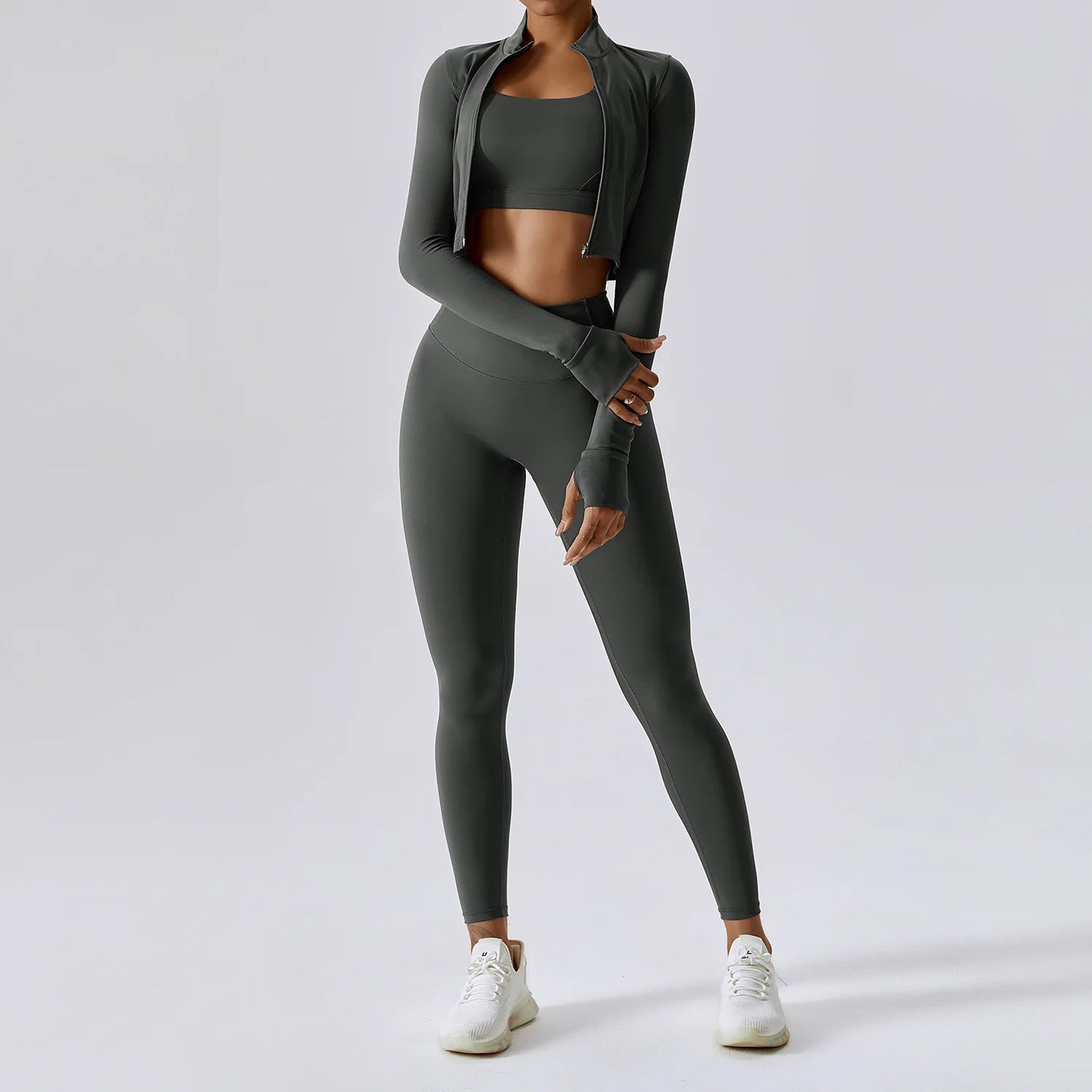 3-Piece Women's Workout Sets | Sportswear Gym Clothing with Zipper Long Sleeve Top & High-Waisted Leggings