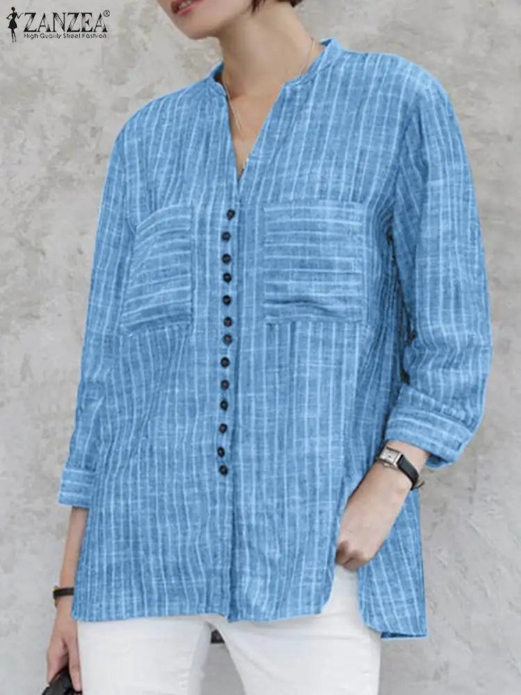 ZANZEA Women's Vintage Striped Blouse - 3/4 Sleeve Loose-Fitting Button-Up Shirt