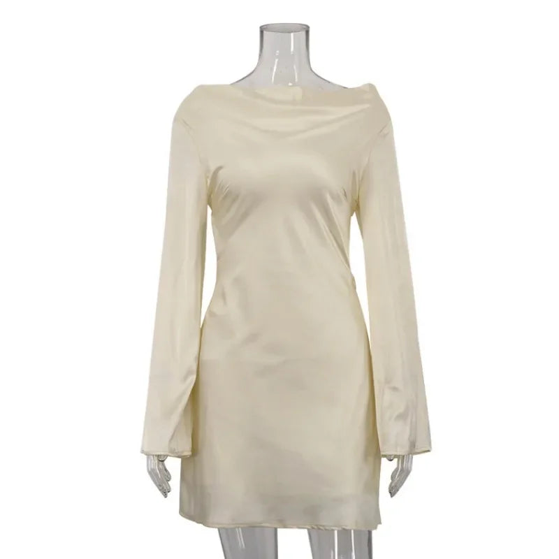 Women's Backless Satin Dress - Lace-Up Long Sleeve