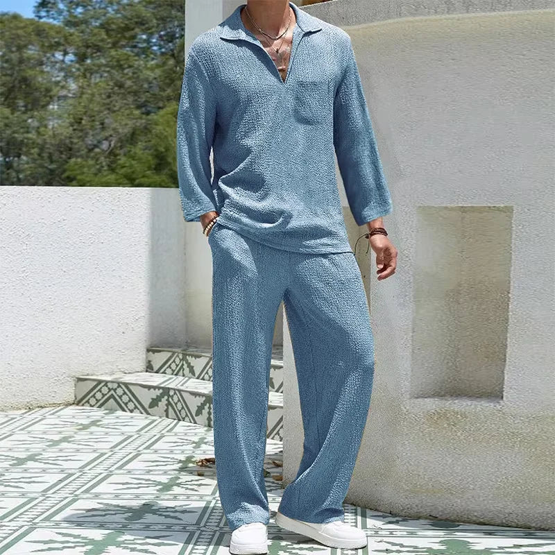 Men's Casual Cotton 2-Piece Set: Stylish Shirts and Pants Combo