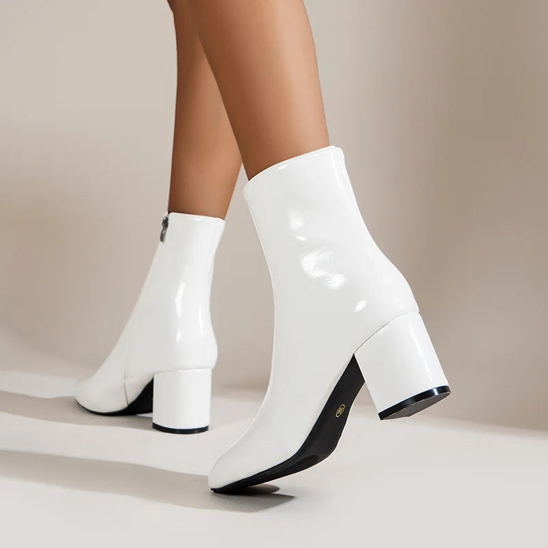 Women's Stretch Ankle Boots with Side Zipper and Mid Heel
