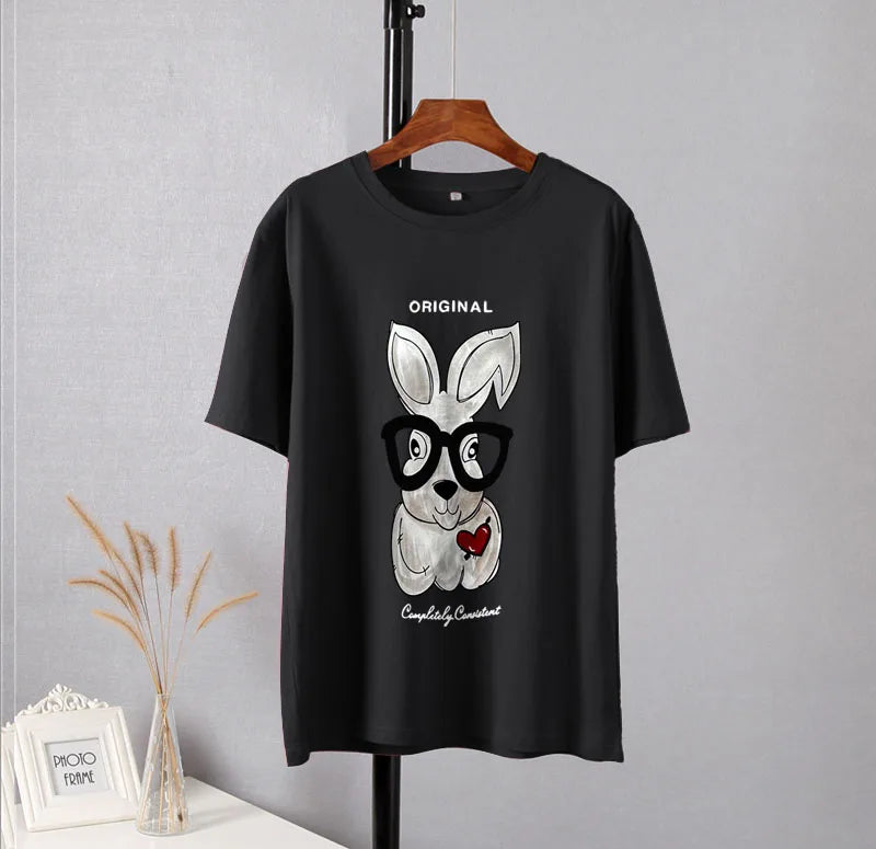 Elegant Rabbit Cartoon Printed Oversized Cotton T-Shirt for Women – Casual Style by Hirsionsan