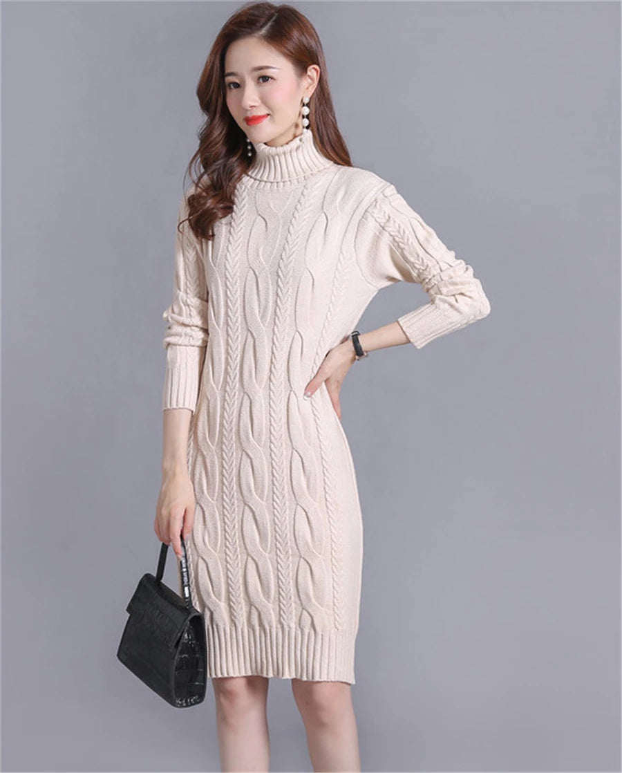 Women's Oversized Knitted Turtleneck Twist Sweater Dress