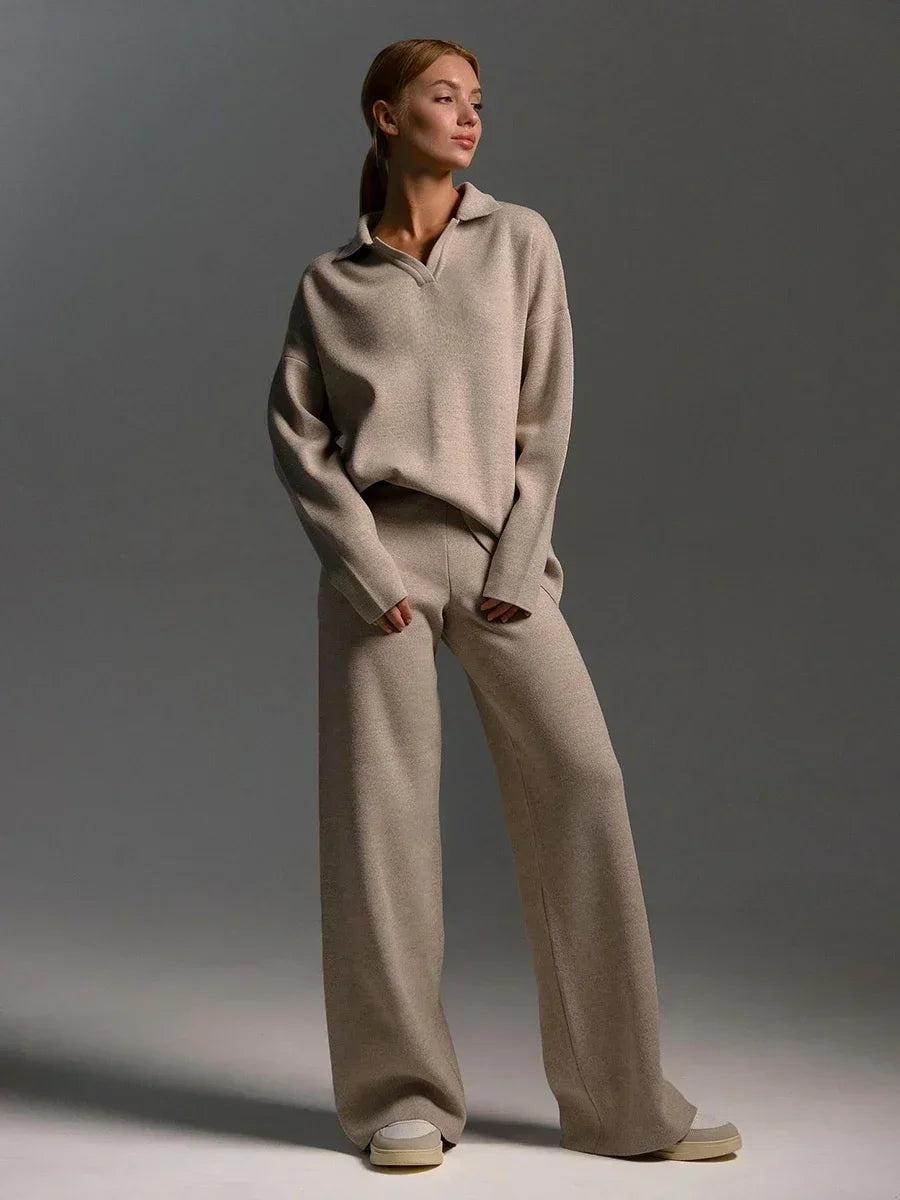 Women's Thick Knitted 2 Piece Set: Soft Polo Neck Sweater & Wide Leg Pants