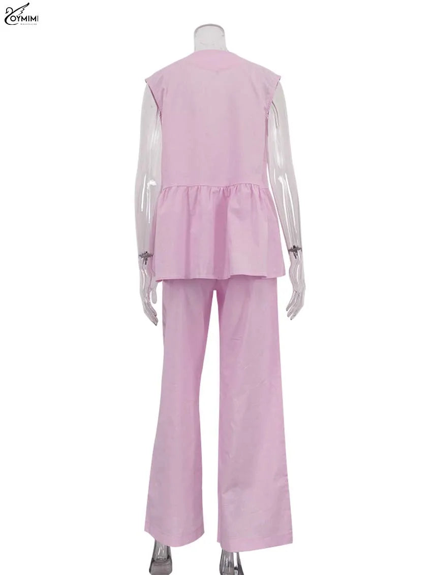 Women's 2-Piece Blue Cotton Linen Set: V-Neck Backless Halter Lace-Up Vest and Straight Pants