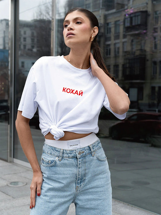 Women's "Кохай" Print Cotton T-Shirt - Trendy Summer Casual Top for Women