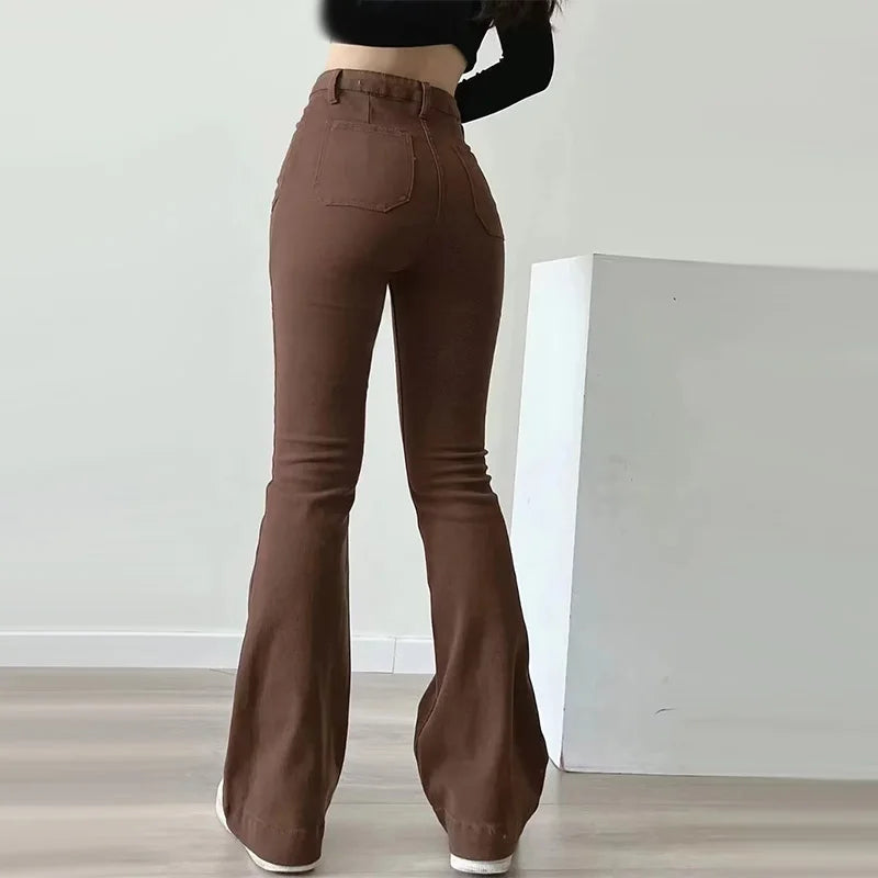 Women Flared Jeans Loose Denim Pants - Straight High Waist Design