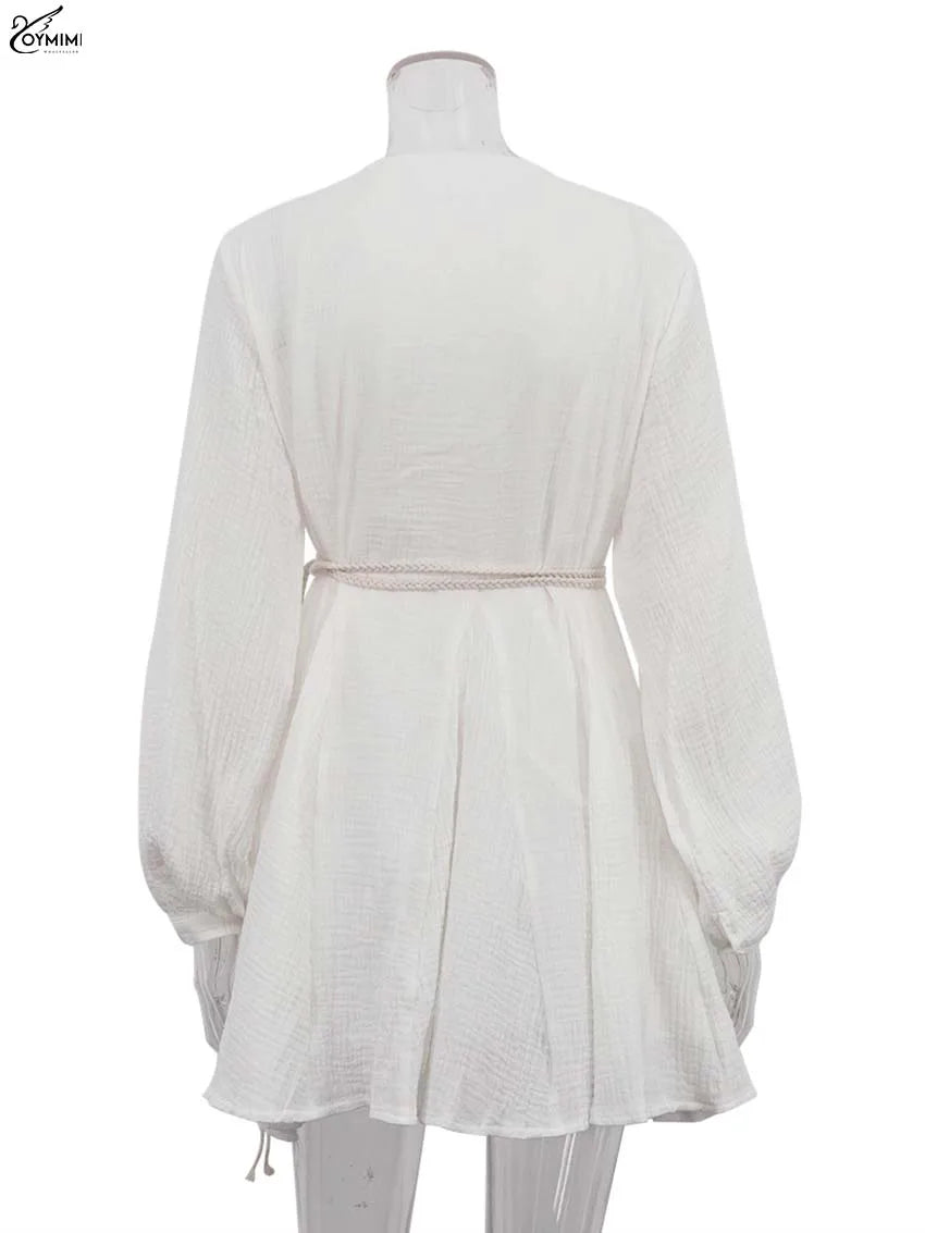 Elegant Women's Cotton V-Neck Lace-Up Loose Pleated Mini Dress by Oymimi