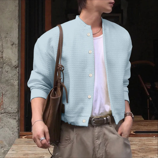 Incerun Men's Stand Collar Jacket with Long Sleeves and Button Closure
