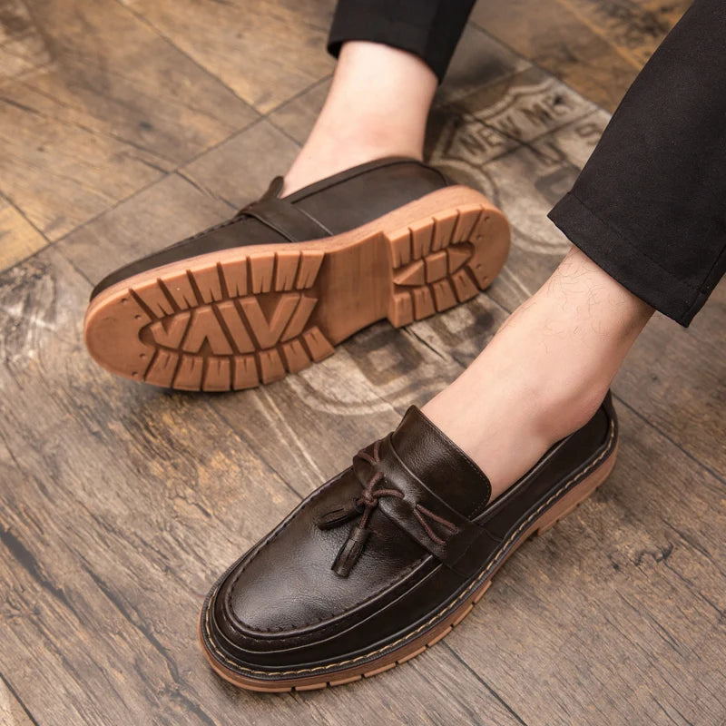 Men's Thick-Sole Leather Slip-On Loafers – Stylish & Comfortable Dress Shoes for Men