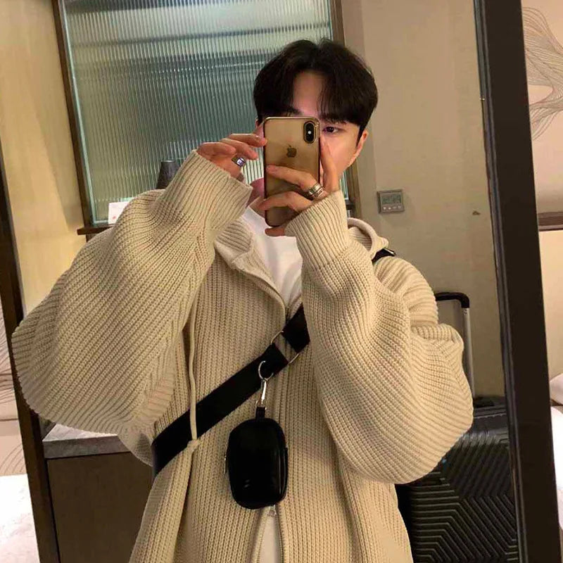 Men's Zip-Up Hooded Cardigan Sweater – Drop Shoulder Knitwear Jacket for Men