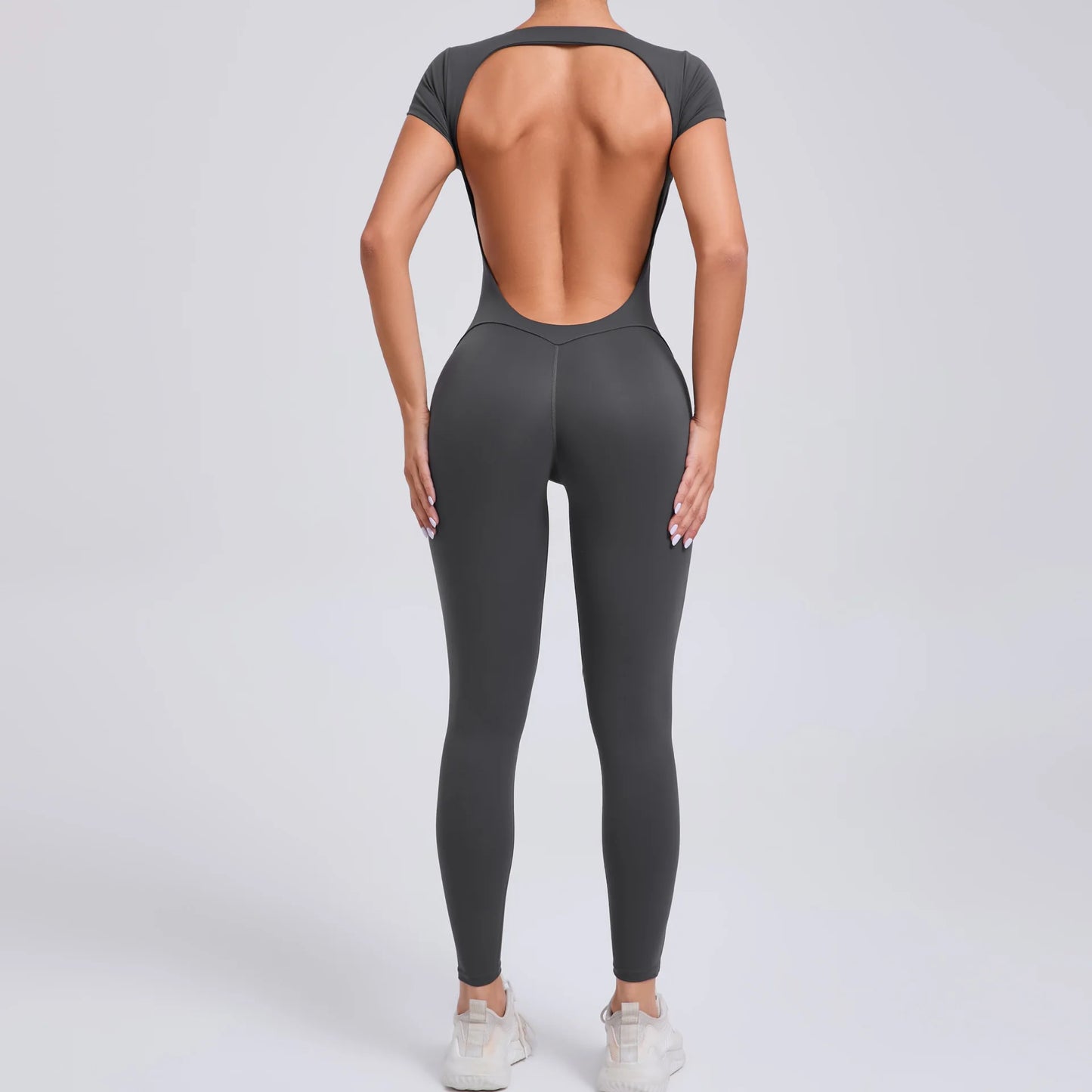 Women's Padded Short Sleeve One-Piece Jumpsuit - Quick-Dry, Backless Sports Suit for Active Fitness