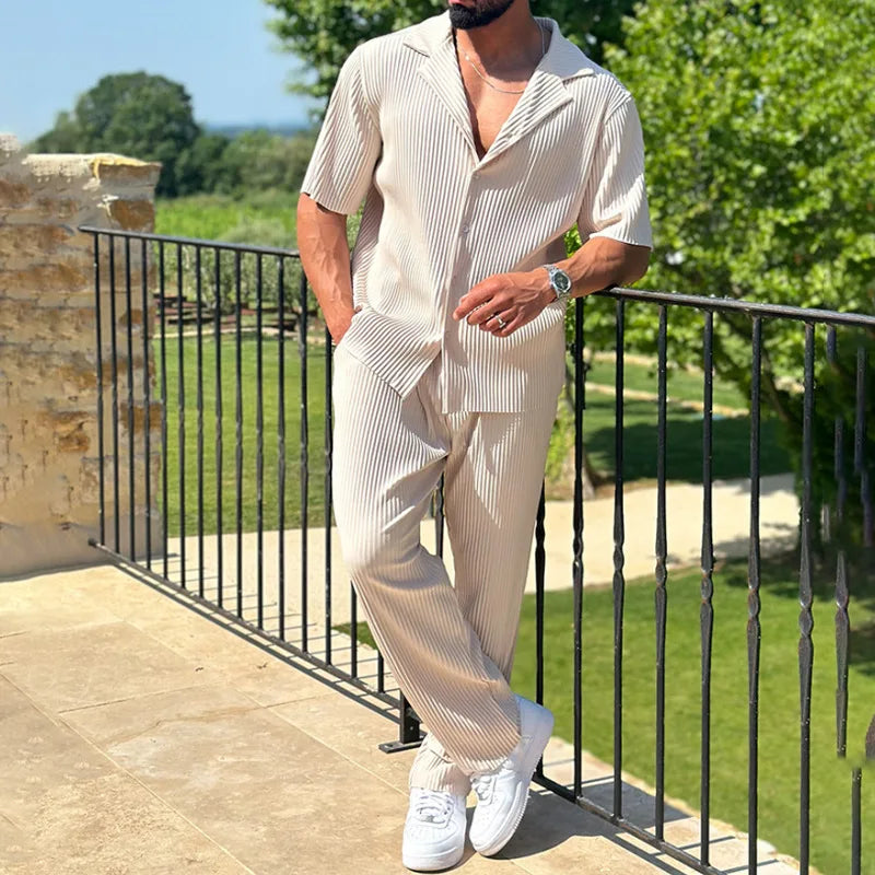 Men's Casual Two-Piece Set - Loose Fit Button-Open Shirt & Breathable, Lightweight Pants