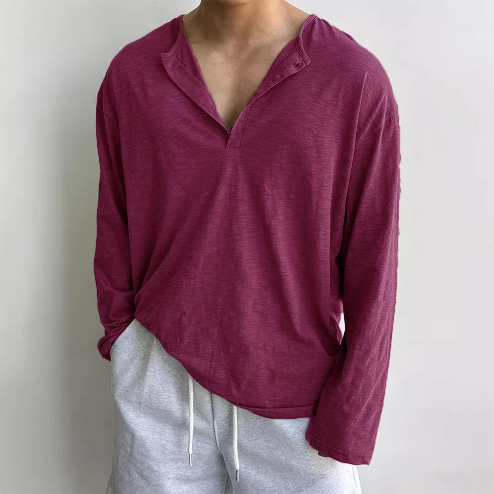 Cotton Men's Long Sleeve Loose Fit Sweater with Quarter Button Closure