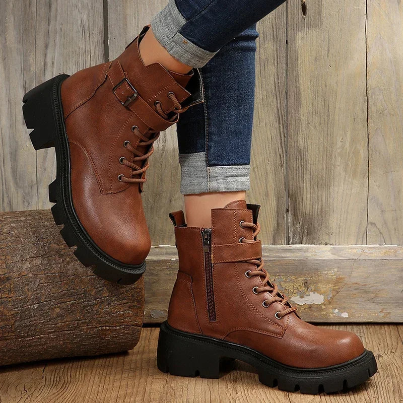 Women’s Chunky Heel Belt Buckle Boots with Lace-Up Design