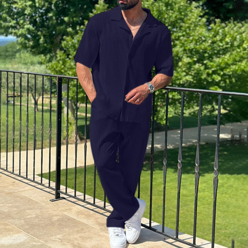 Men's Casual Two-Piece Set - Loose Fit Button-Open Shirt & Breathable, Lightweight Pants