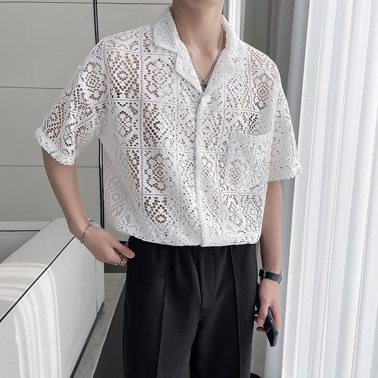 Retro Breathable Hollow Lace Collar Shirt for Men
