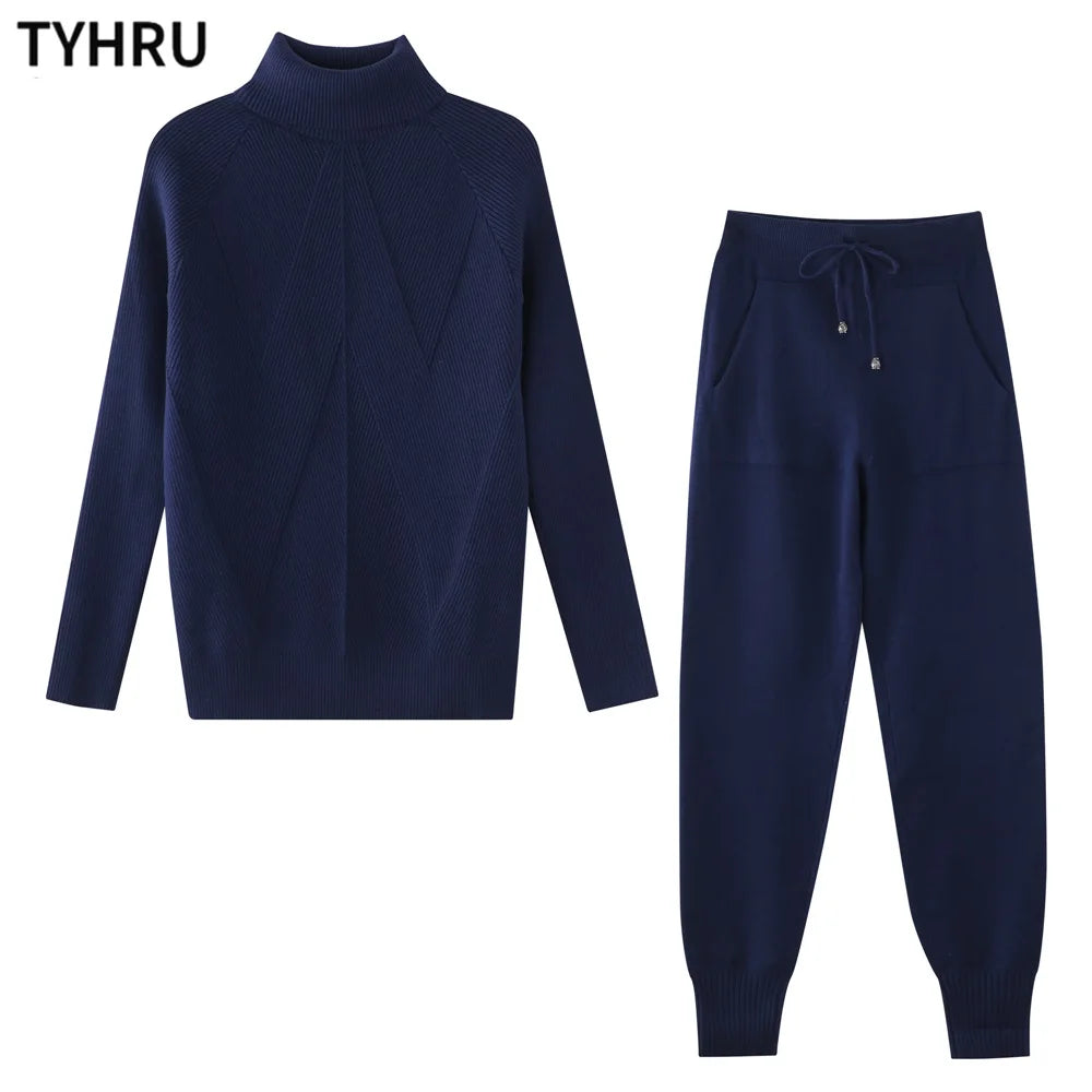 TYHRU Women's Striped Turtleneck Sweater & Drawstring Pants Set