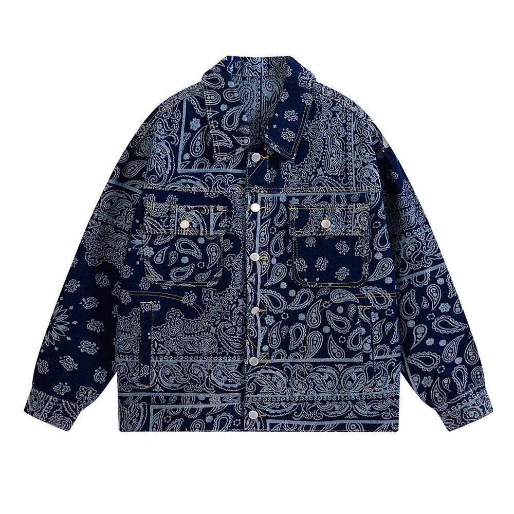 Men's Paisley Print Denim Jacket - Loose Fit Bandana Style Casual Outerwear